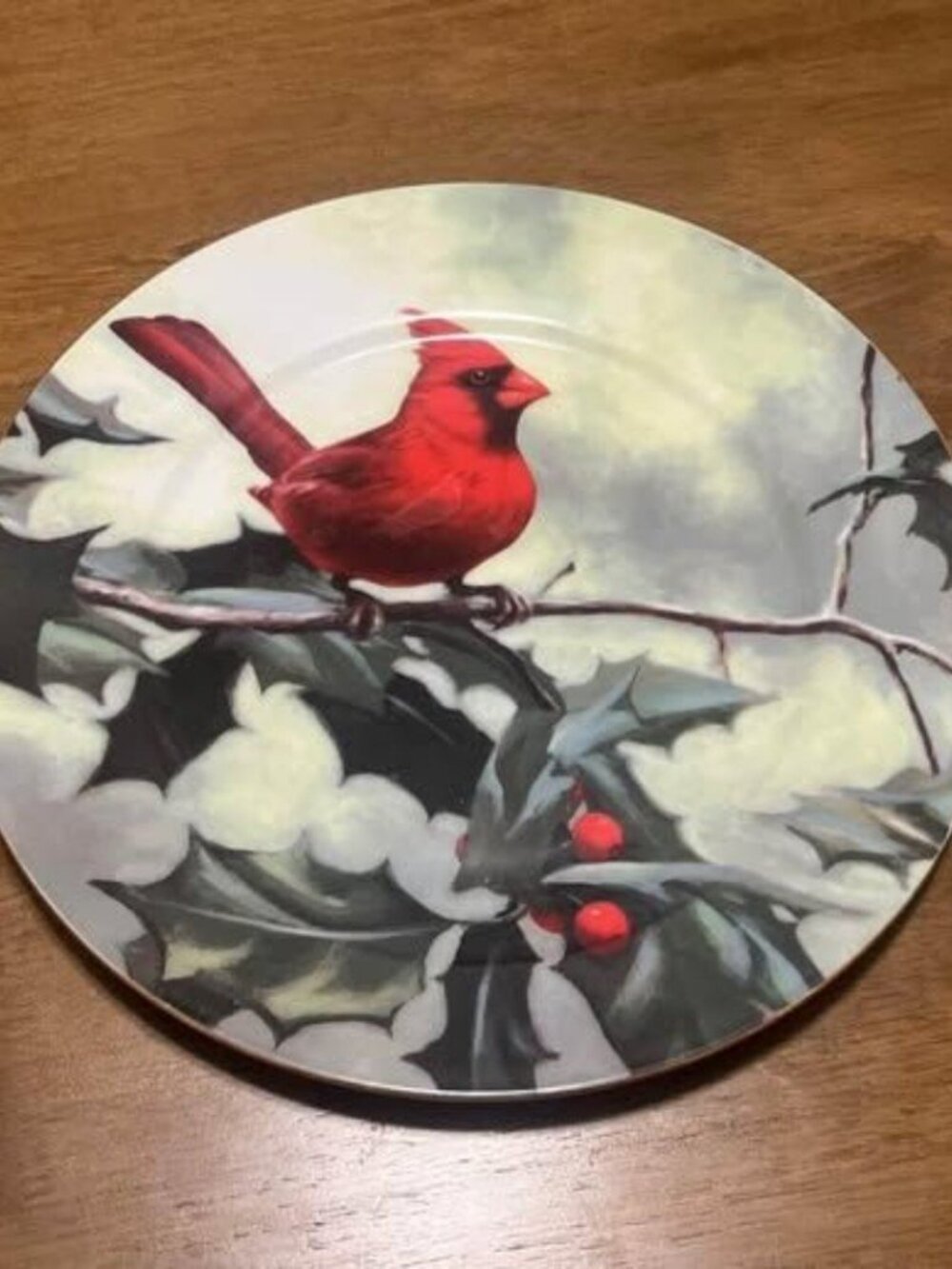 Hautman Brothers Winter Cardinal in Holly Gold Trim Plate 10 1/2"
